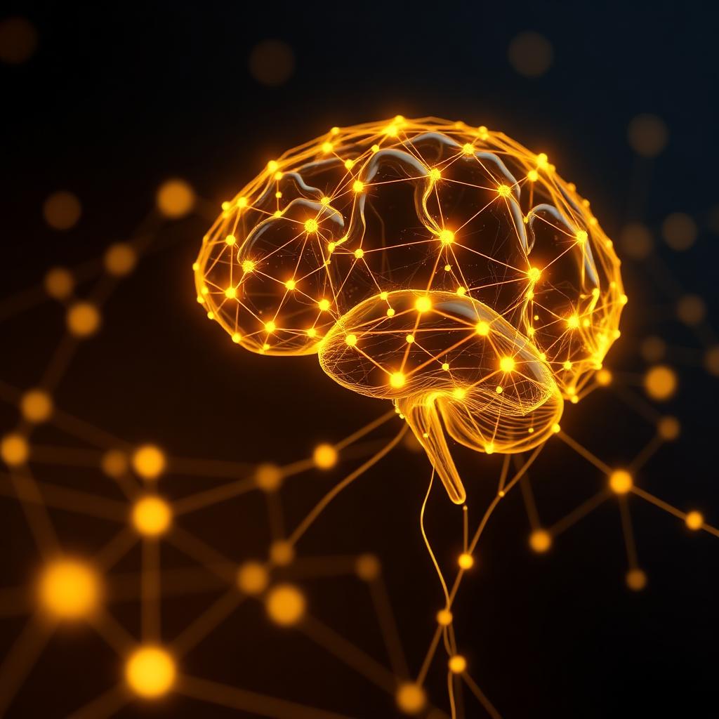 Glowing golden AI brain with neural network nodes on a deep navy background