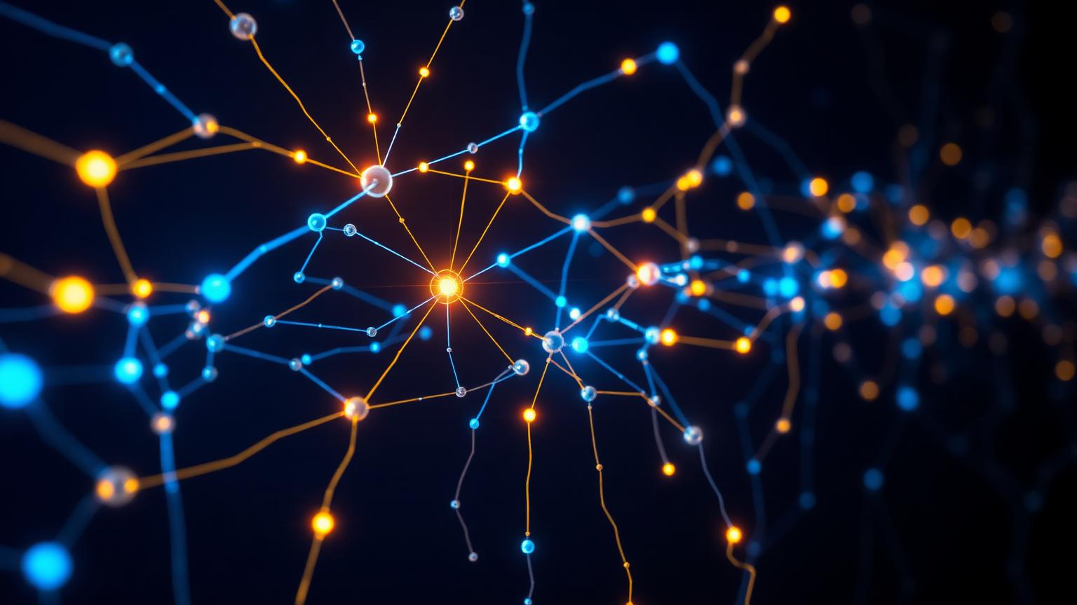 Glowing gold and blue neural network nodes representing AI automation on a dark background