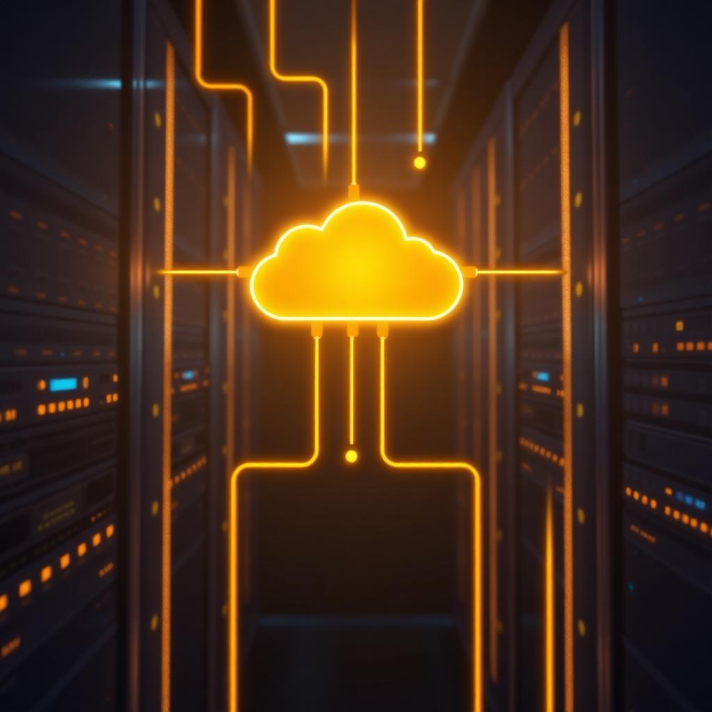 Glowing golden cloud icon connected to deep navy server racks with gold data streams