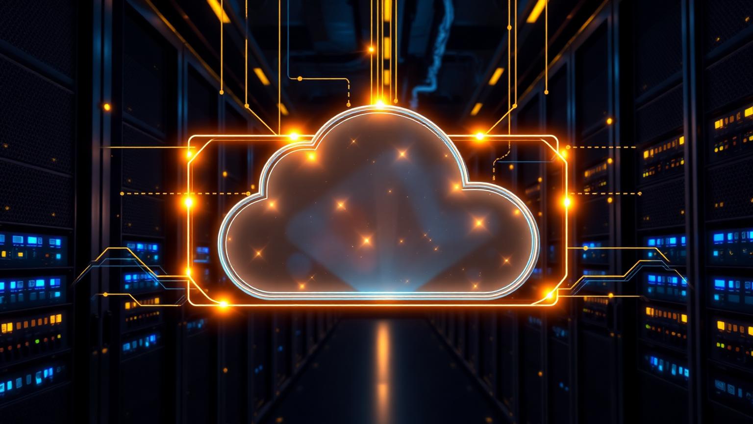 Glowing gold cloud icon connected to blue server racks representing premium cloud architecture