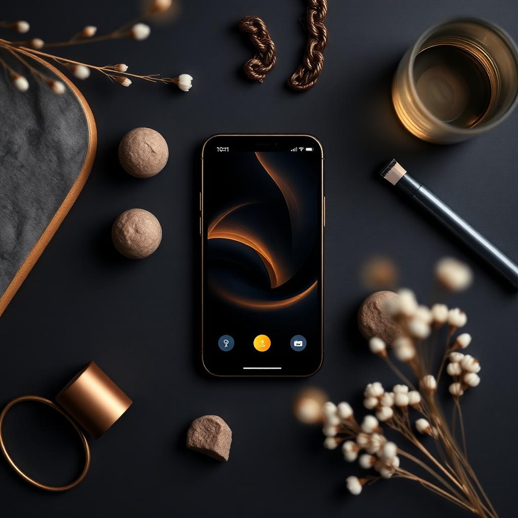 Premium iPhone flat lay with luxury dark navy and gold mobile app interface