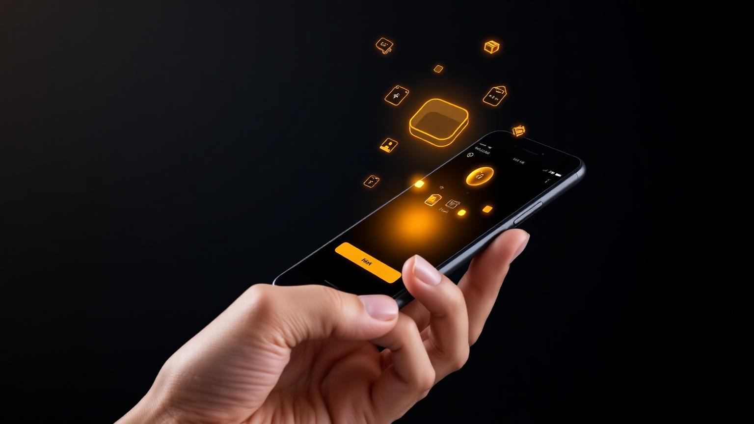 Hand holding a smartphone showing glowing mobile app UI elements floating above the screen