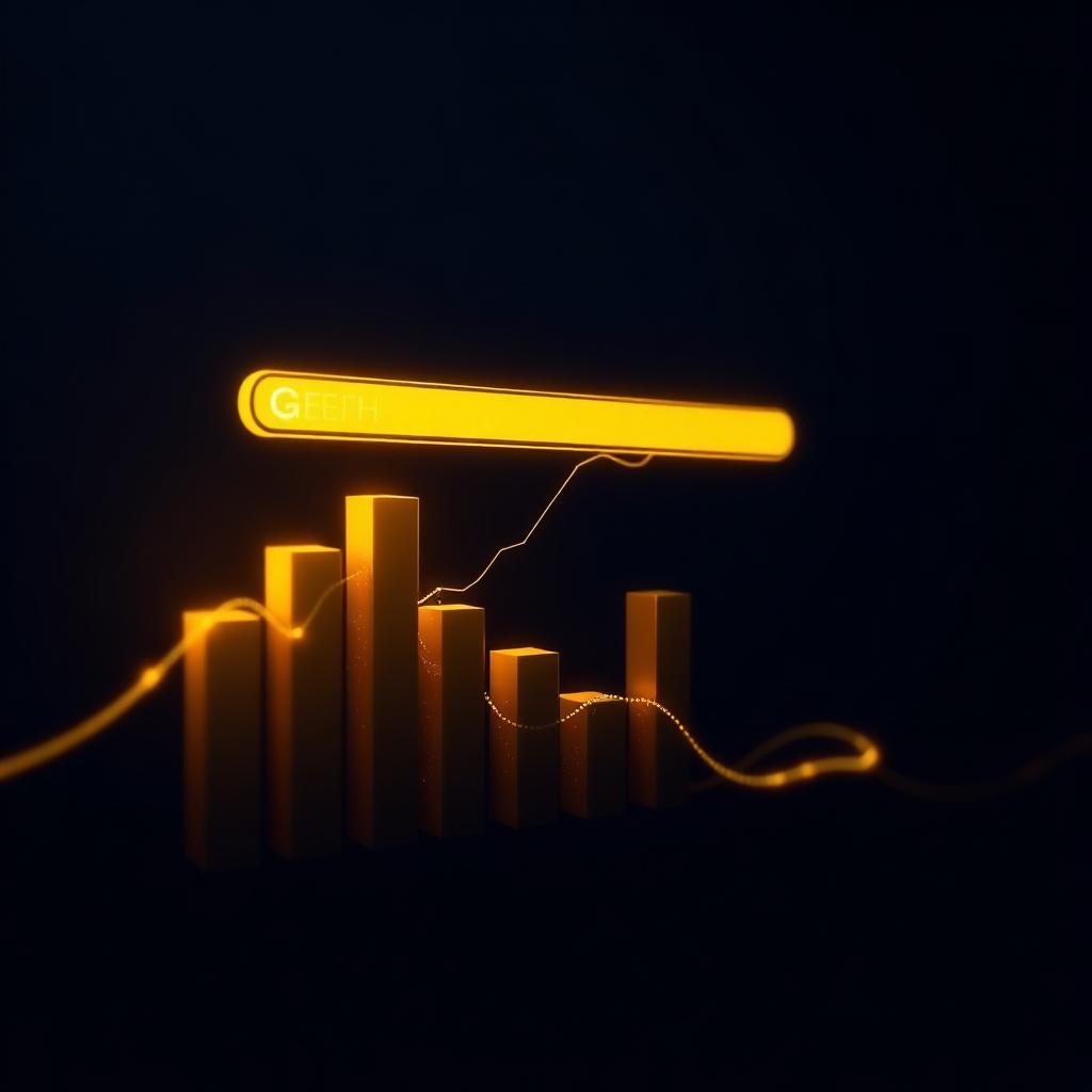 Golden search bar above a rising 3D bar chart on a deep navy background symbolising SEO growth