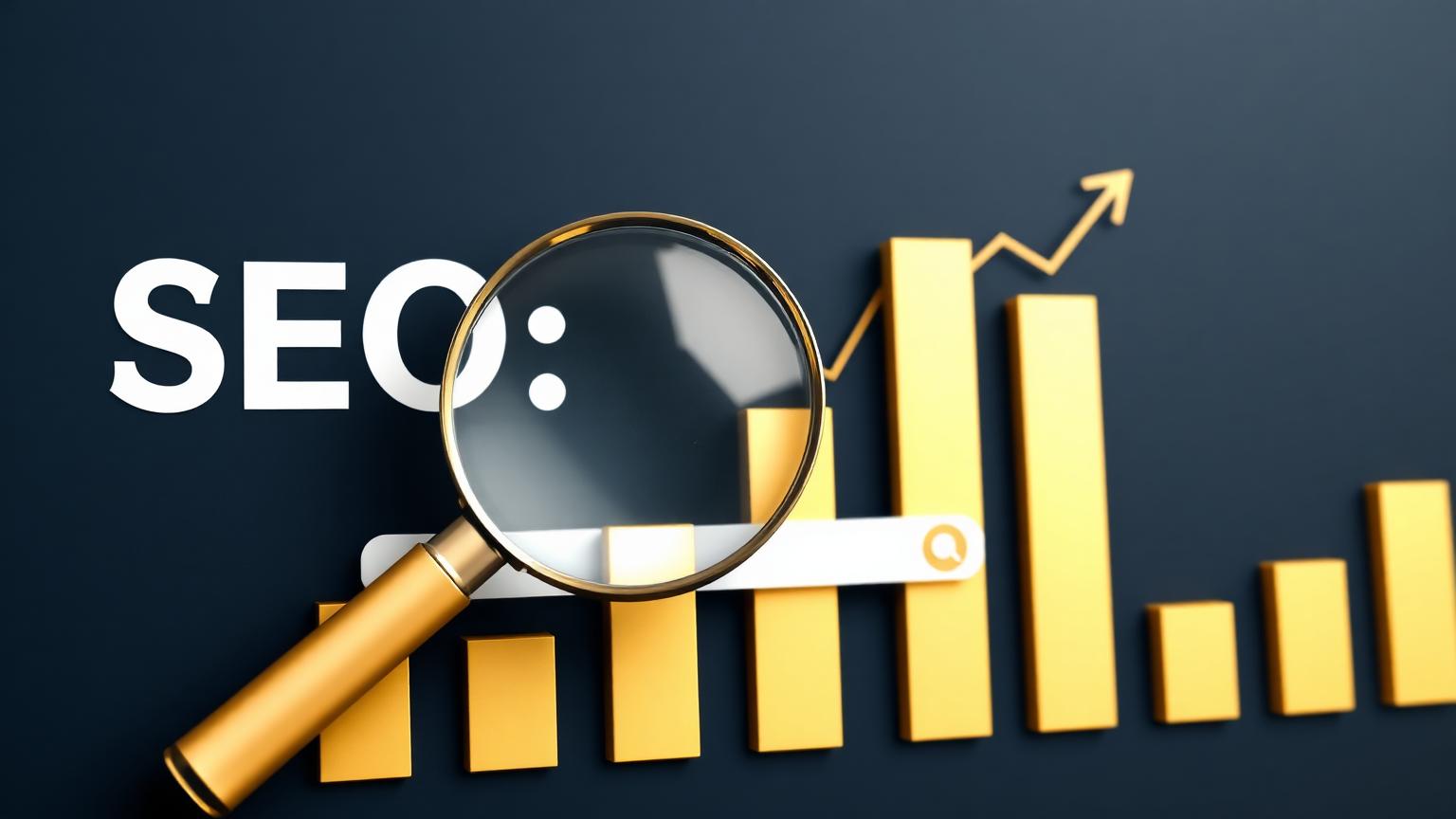 Gold magnifying glass over SEO search bar with rising gold bar charts on a dark navy background