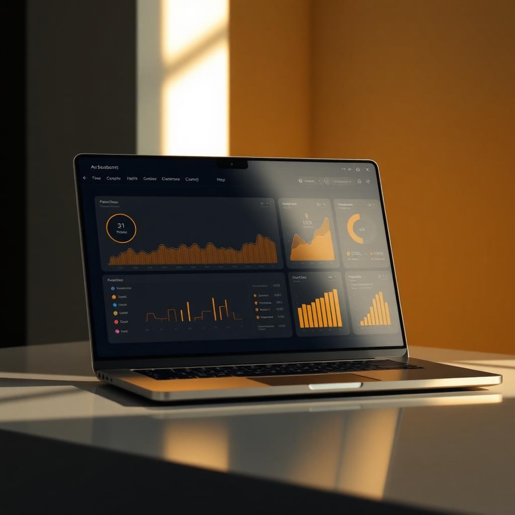 Luxury dark navy and gold analytics dashboard mockup on a sleek laptop